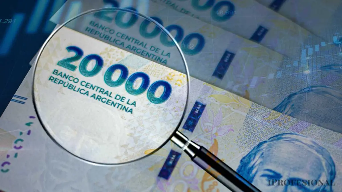 Una lupa sobre billetes de 20.000 pesos argentinos. (Imagen: iProfesional)