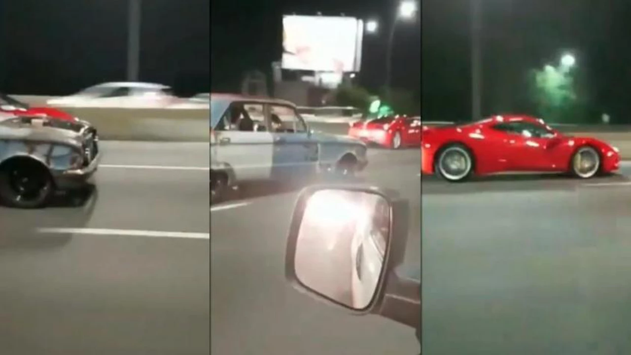 Video: grabaron una peligrosa picada entre un Ford Falcon y una Ferrari que se convirtió en viral