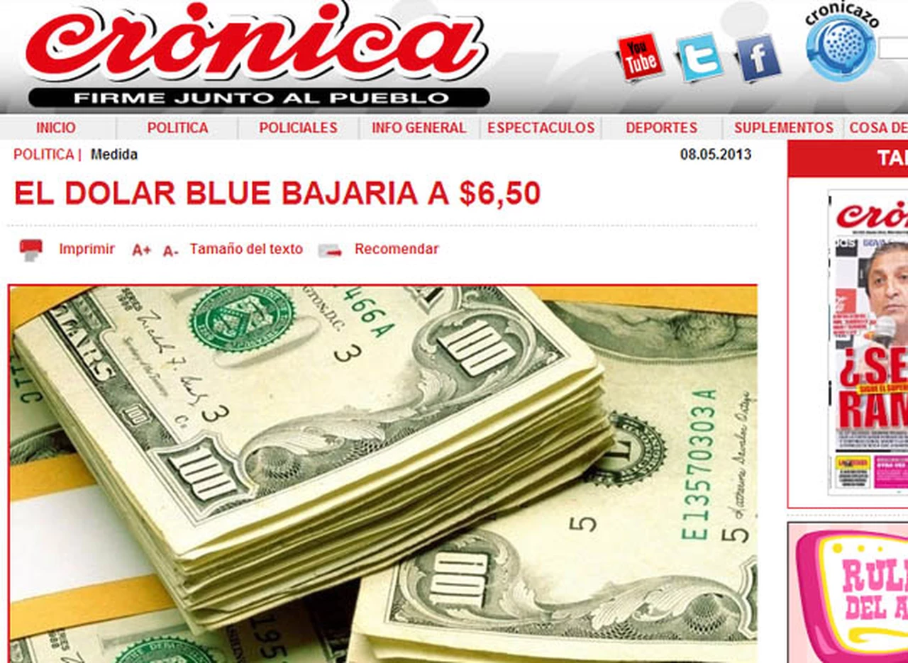 En un polémico artí­culo, Crónica titula que el dólar blue bajarí­a a 6,50 pesos
