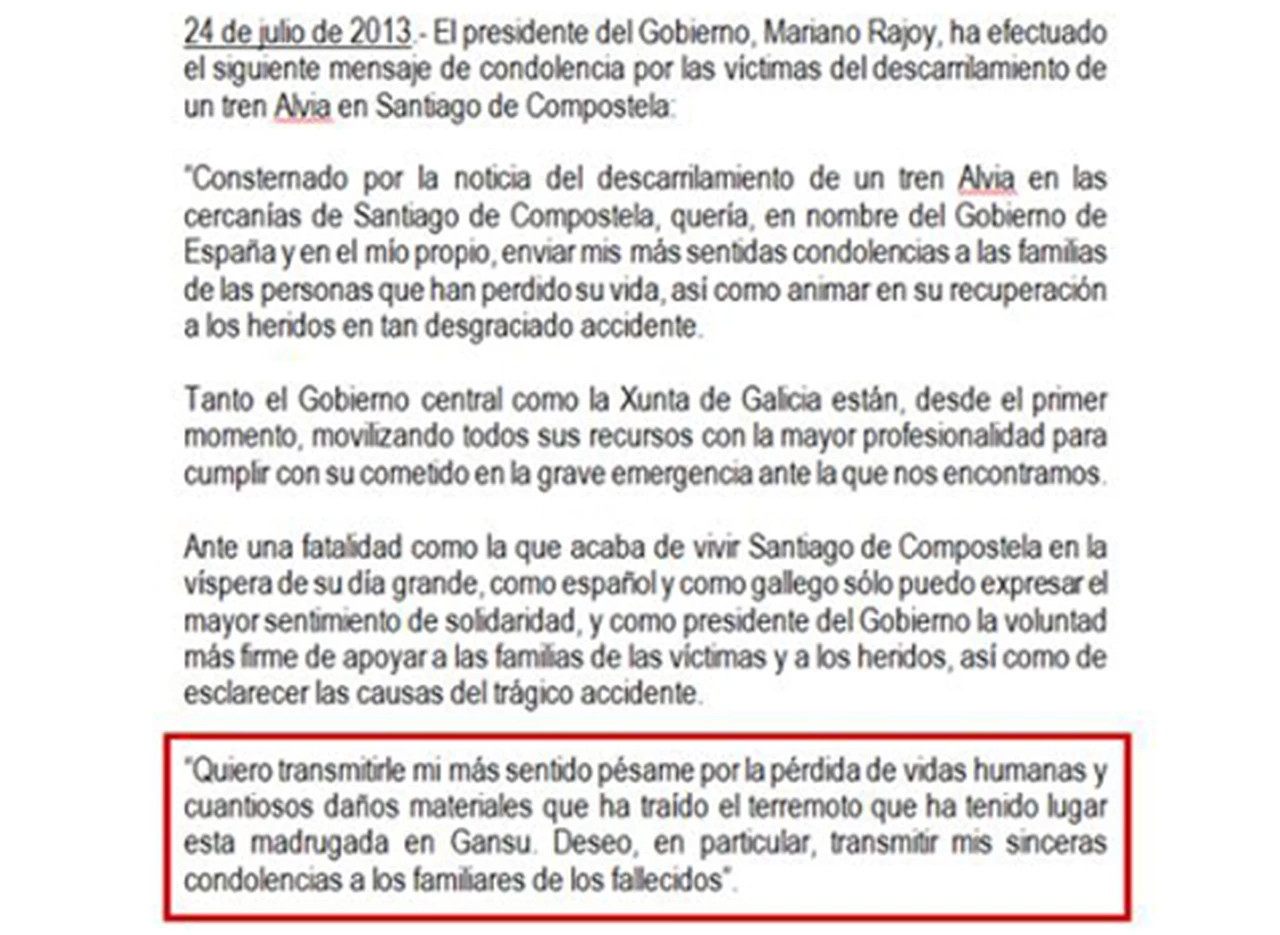 Increí­ble error de Rajoy: confundió la tragedia ferroviaria con un terremoto en China