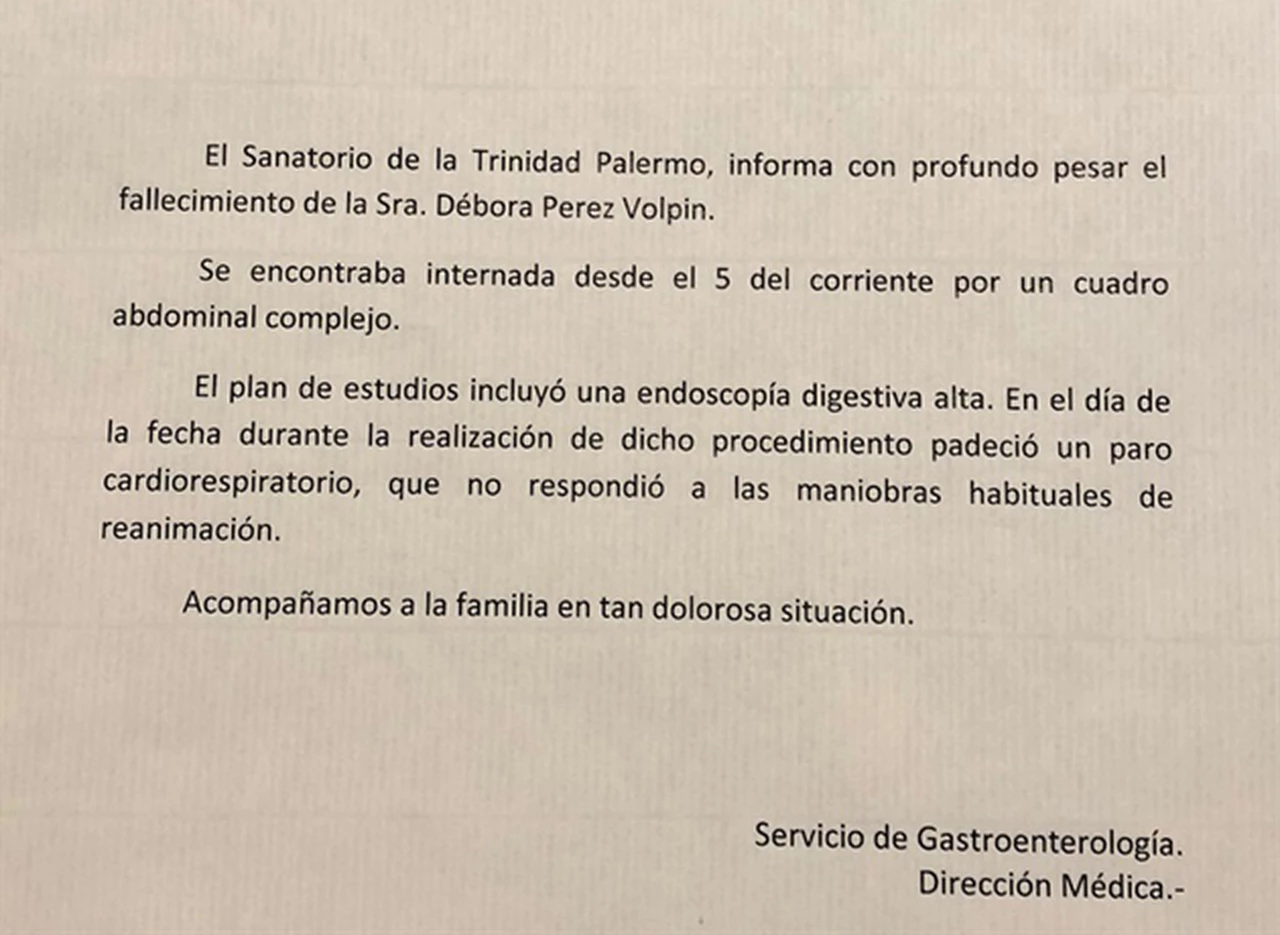 El comunicado del Sanatorio de la Trinidad de Palermo por la muerte de Pérez Volpin