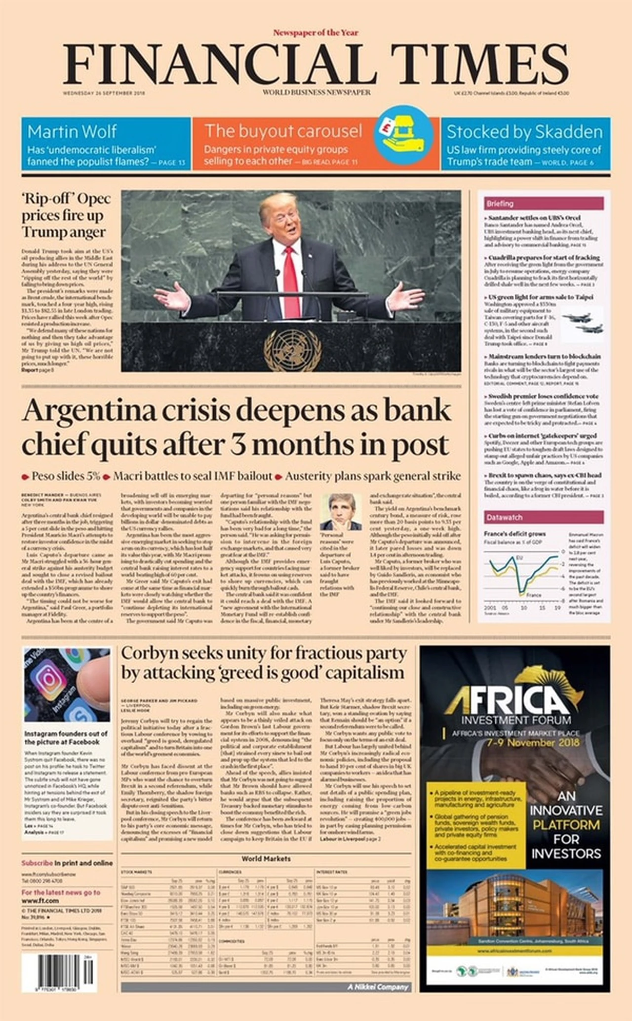 La renuncia de Luis Caputo al BCRA, en la tapa del Financial Times: "La crisis de la Argentina se profundiza"