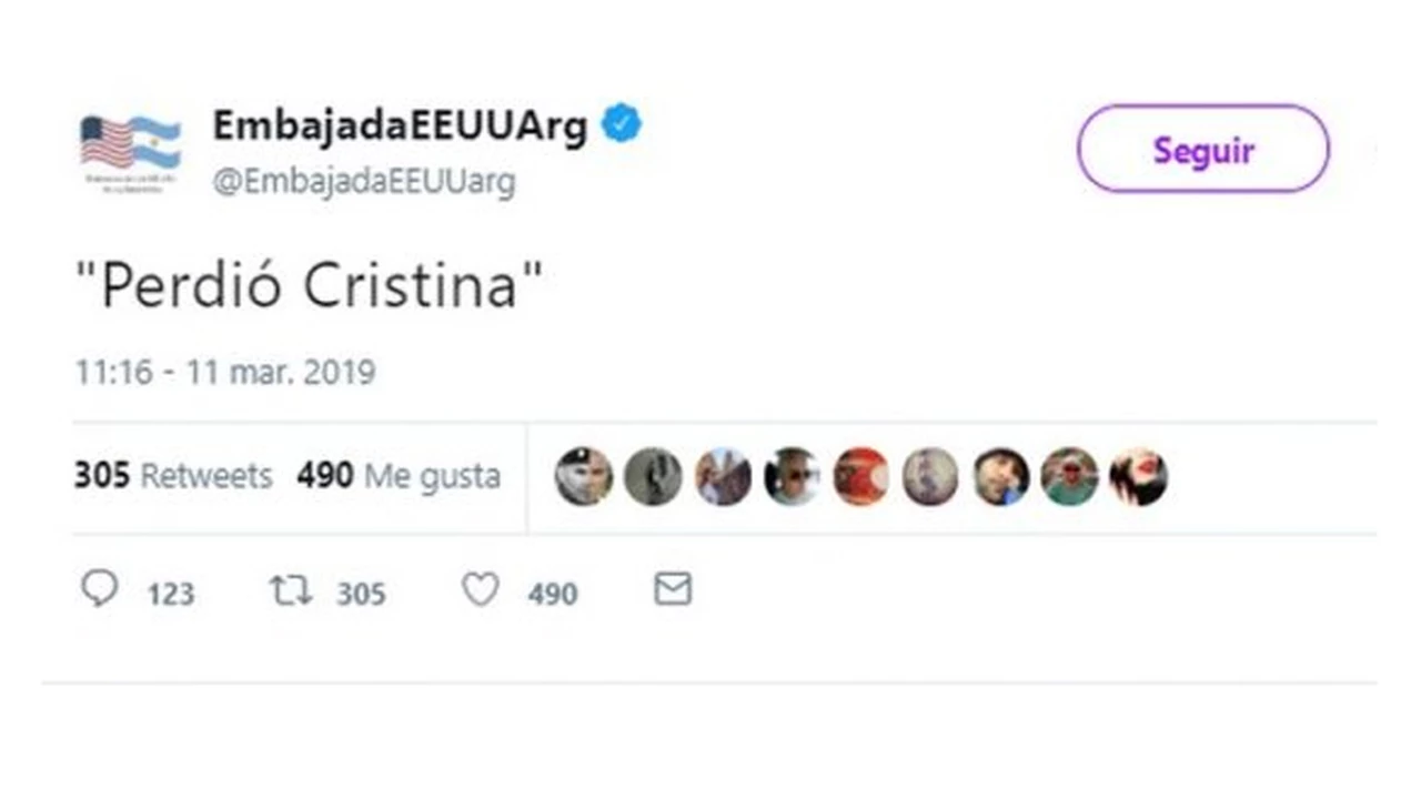 Extraño tuit de la Embajada de Estados Unidos sobre Cristina