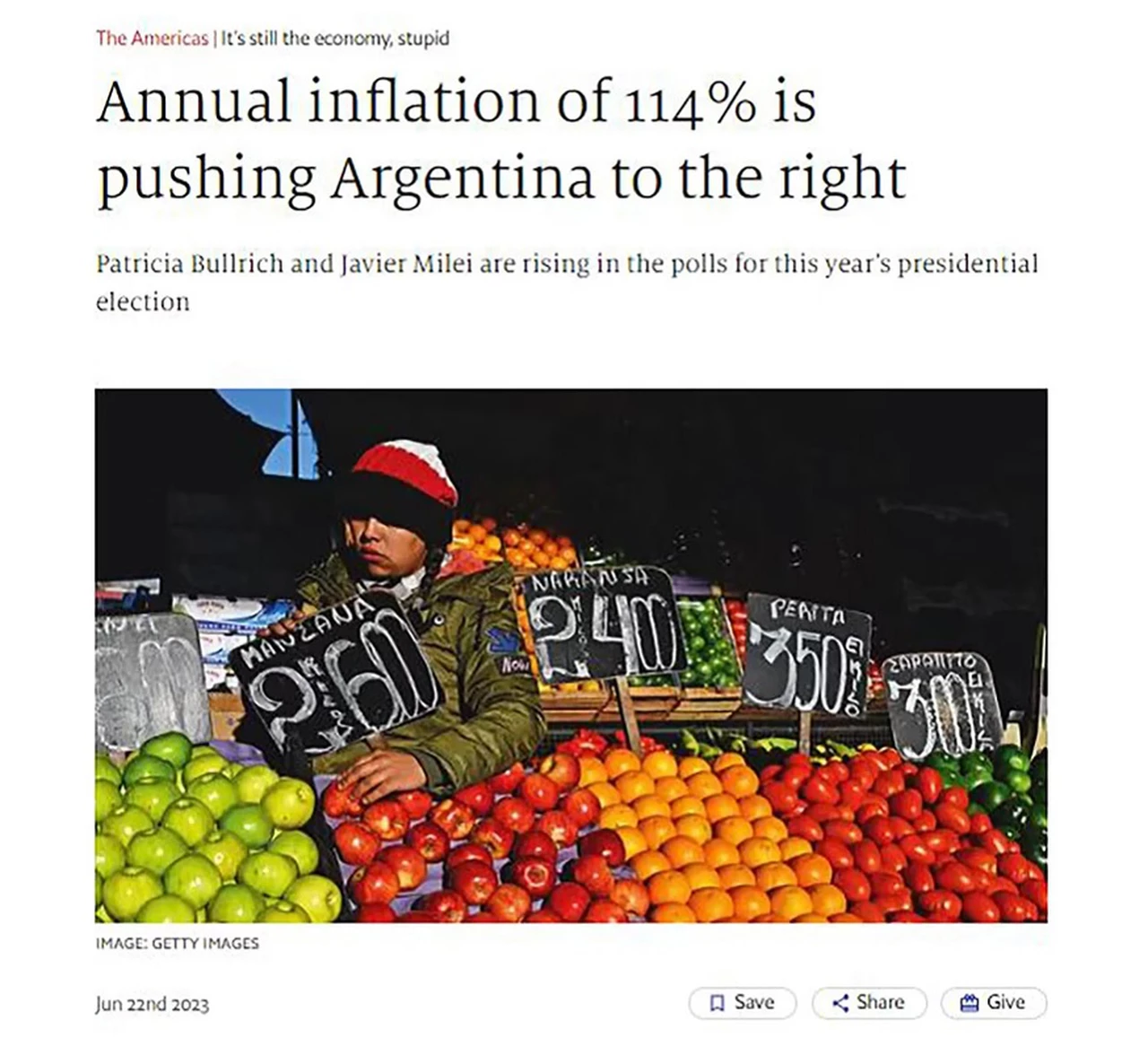 Para The Economist, una inflación anual de 114% empuja a la Argentina hacia la derecha
