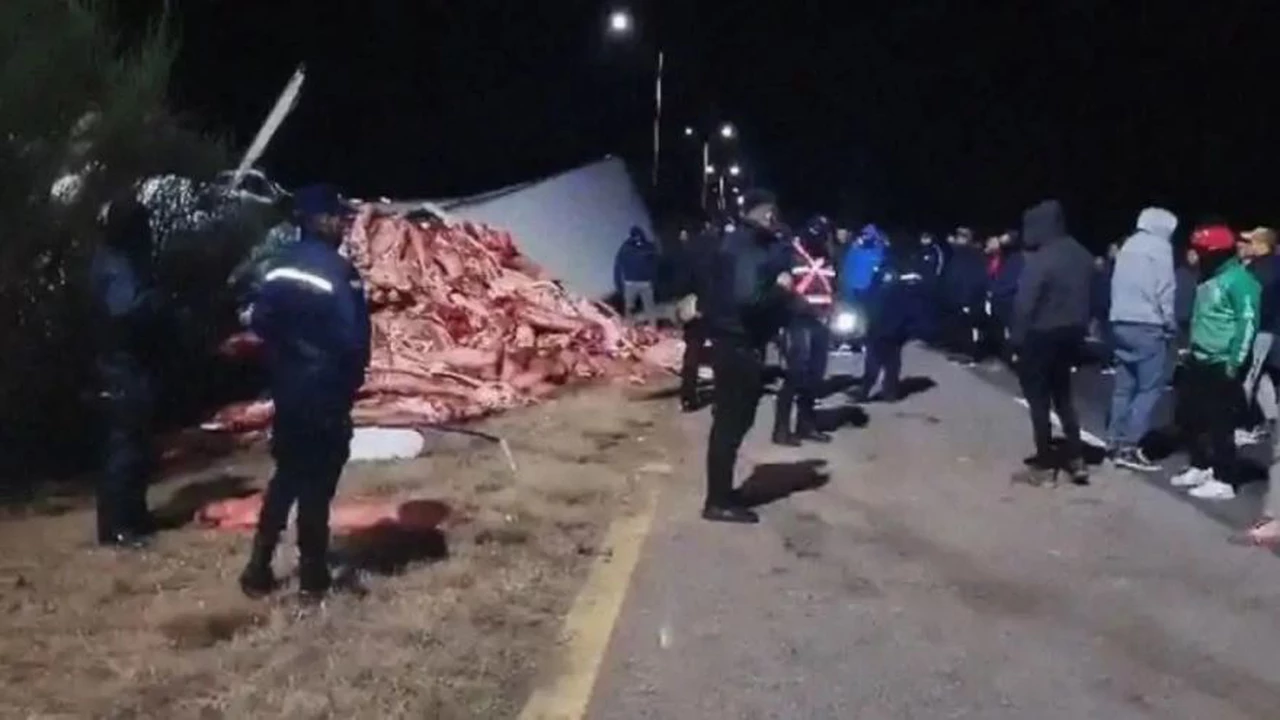 Video | Saquearon un camión que volcó con 23 mil kilos de carne en una ruta en San Luis