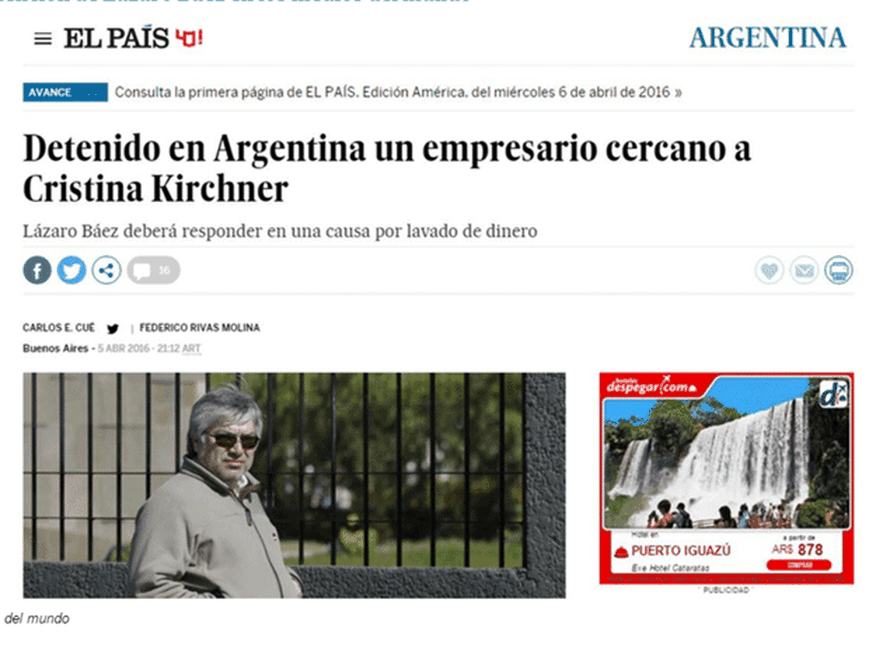 Así­ reflejaron los medios internacionales la noticia de la detención de Báez