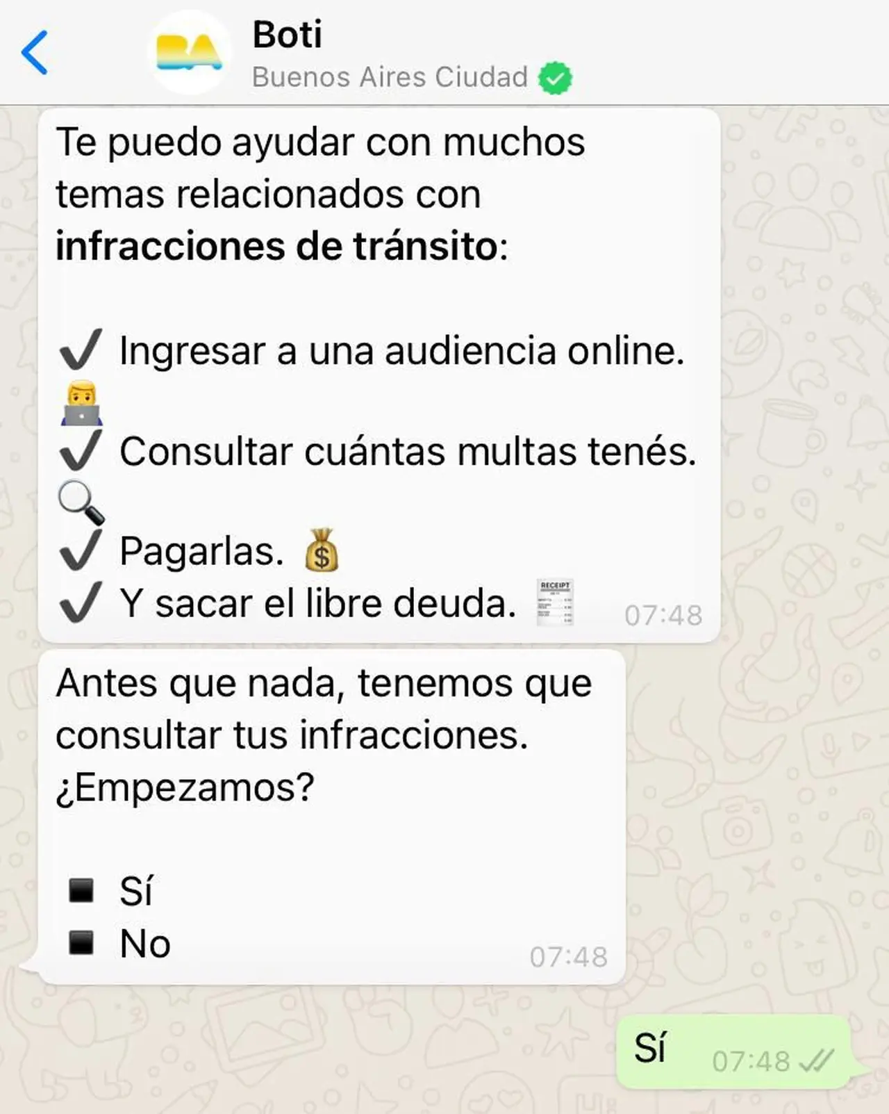 Se puede consultar las infracciones con el Boti de la Ciudad de Buenos Aires