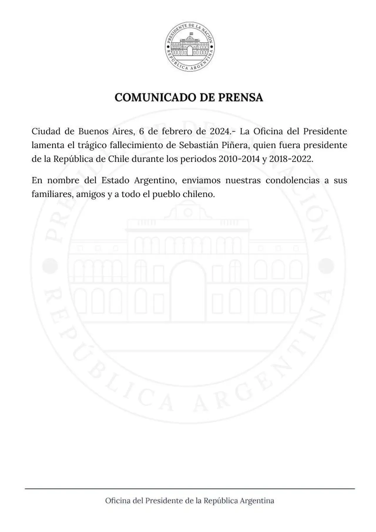 El comunicado oficial que difundió el gobierno argentino.