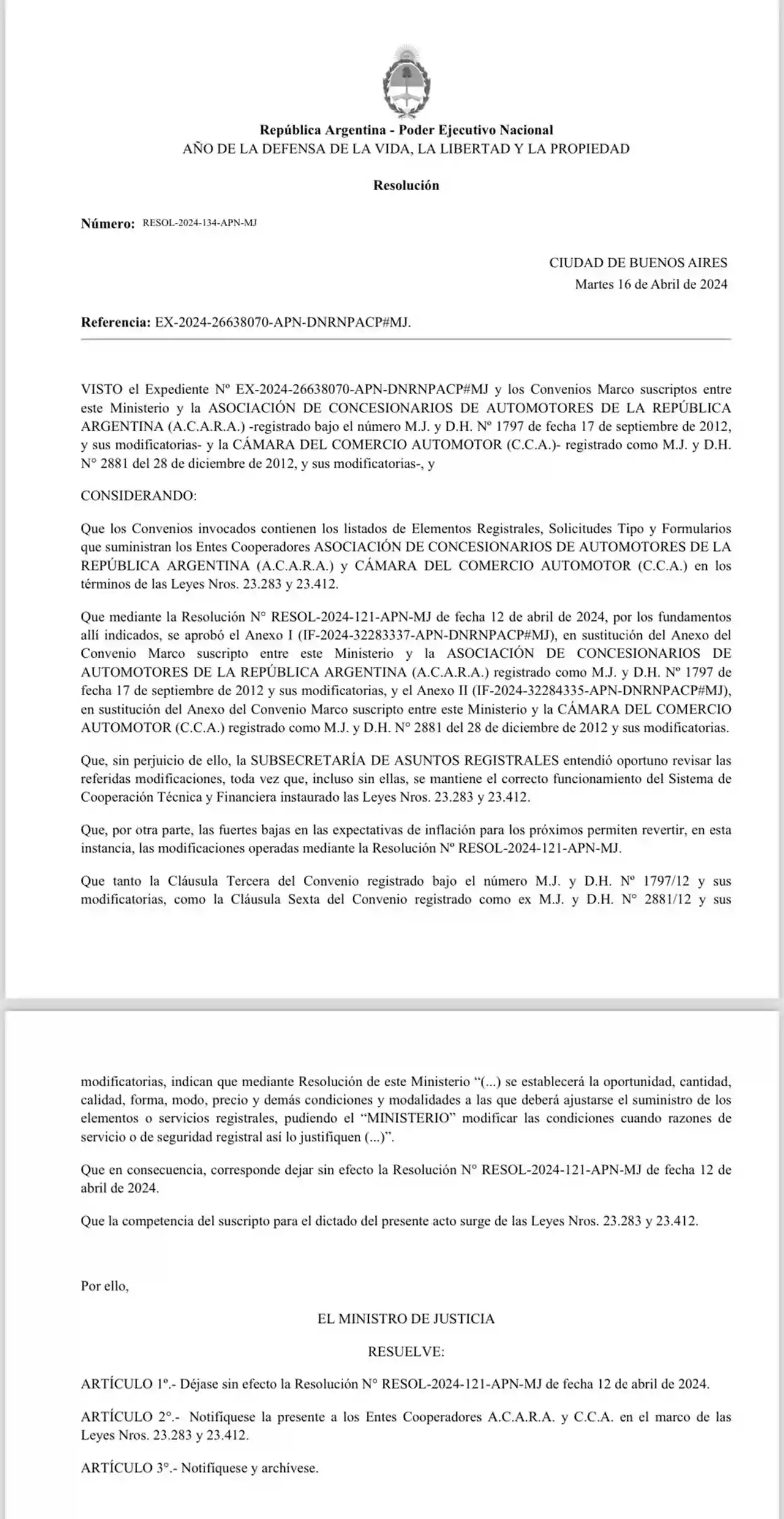 El ministro Cúneo Libarona compartió parte de la resolución en cuestión.