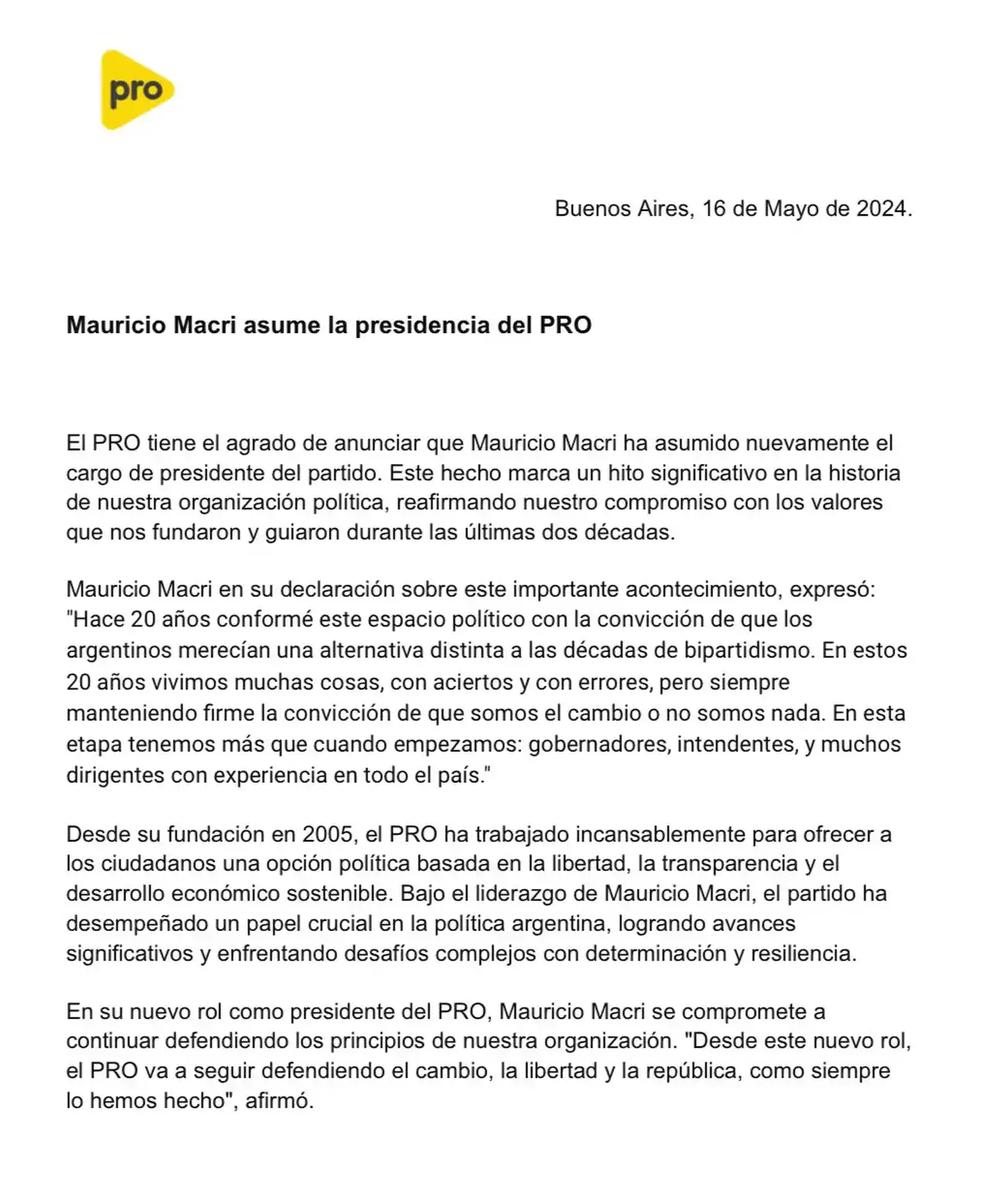 El comunicado que difundió el Pro.