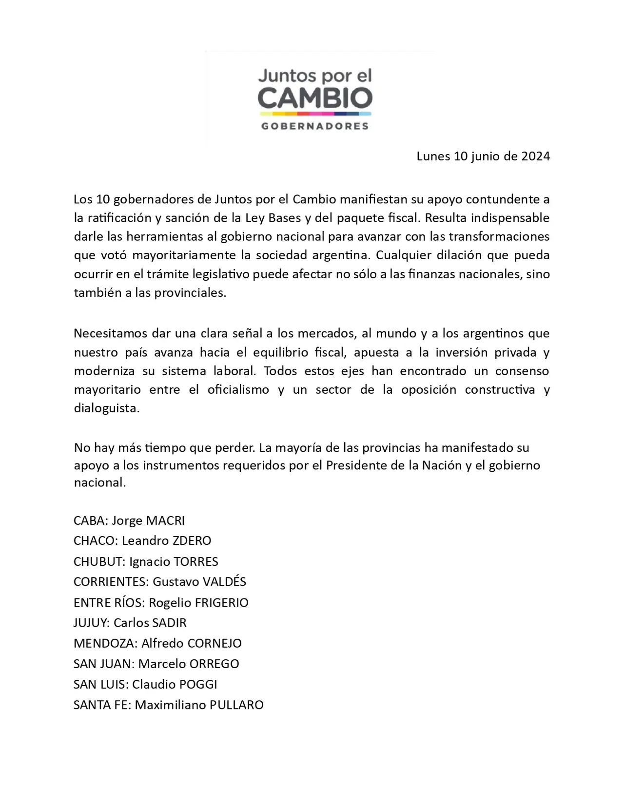 El comunicado que firmaron los 10 gobernadores de Juntos por el Cambio.