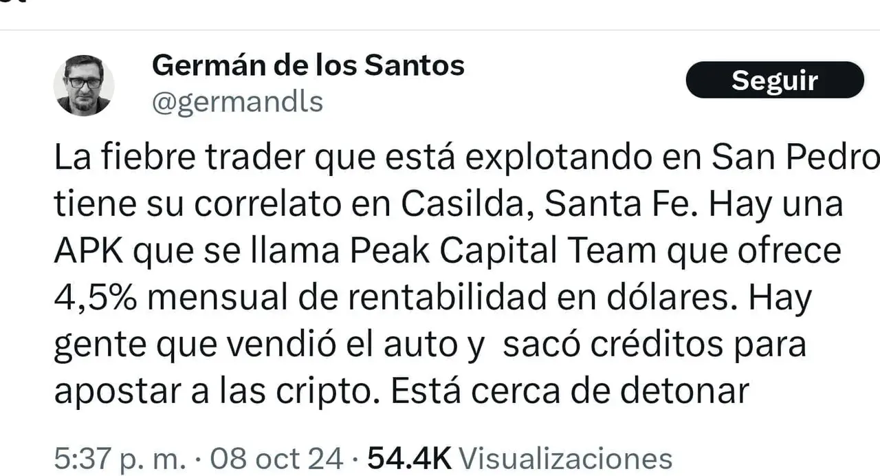 El periodista Germán de los Santos advirtió sobre la presunta estafa piramidal en Casilda