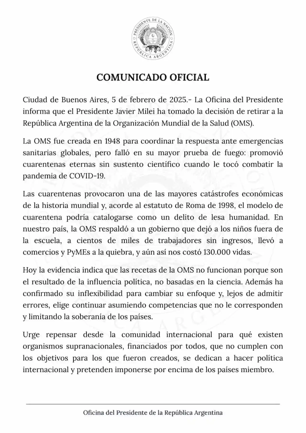 El comunicado oficial que difundió el Gobierno por la salida de la OMS. (Foto: Presidencia)