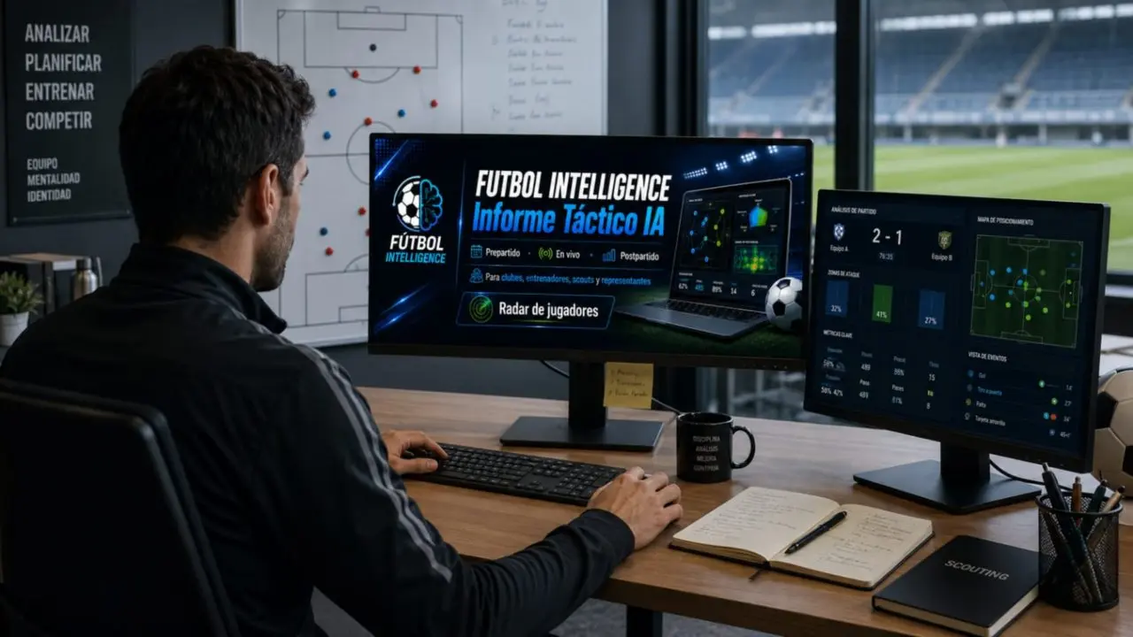 Un analista trabaja con dos pantallas con la plataforma Fútbol Intelligence (Gentileza Fútbol TV)
