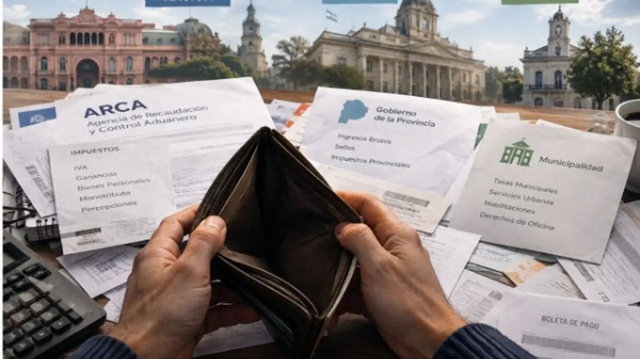 Dos manos sosteniendo una billetera vacía y rodeadas de boletas de impuestos, la Casa Rosada y edificios de provincia y municipio