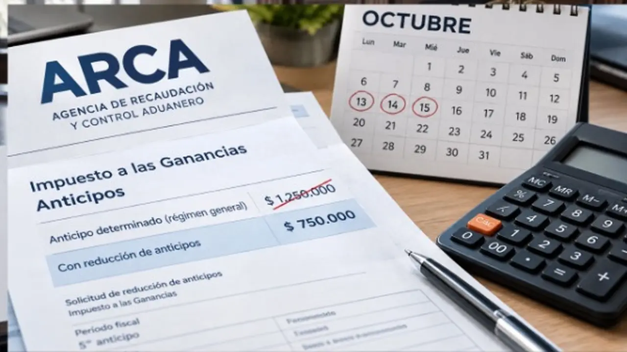Formulario de ARCA donde se ve una reducción de anticipos en cifras, calendario de octubre, calculadora y lapicera
