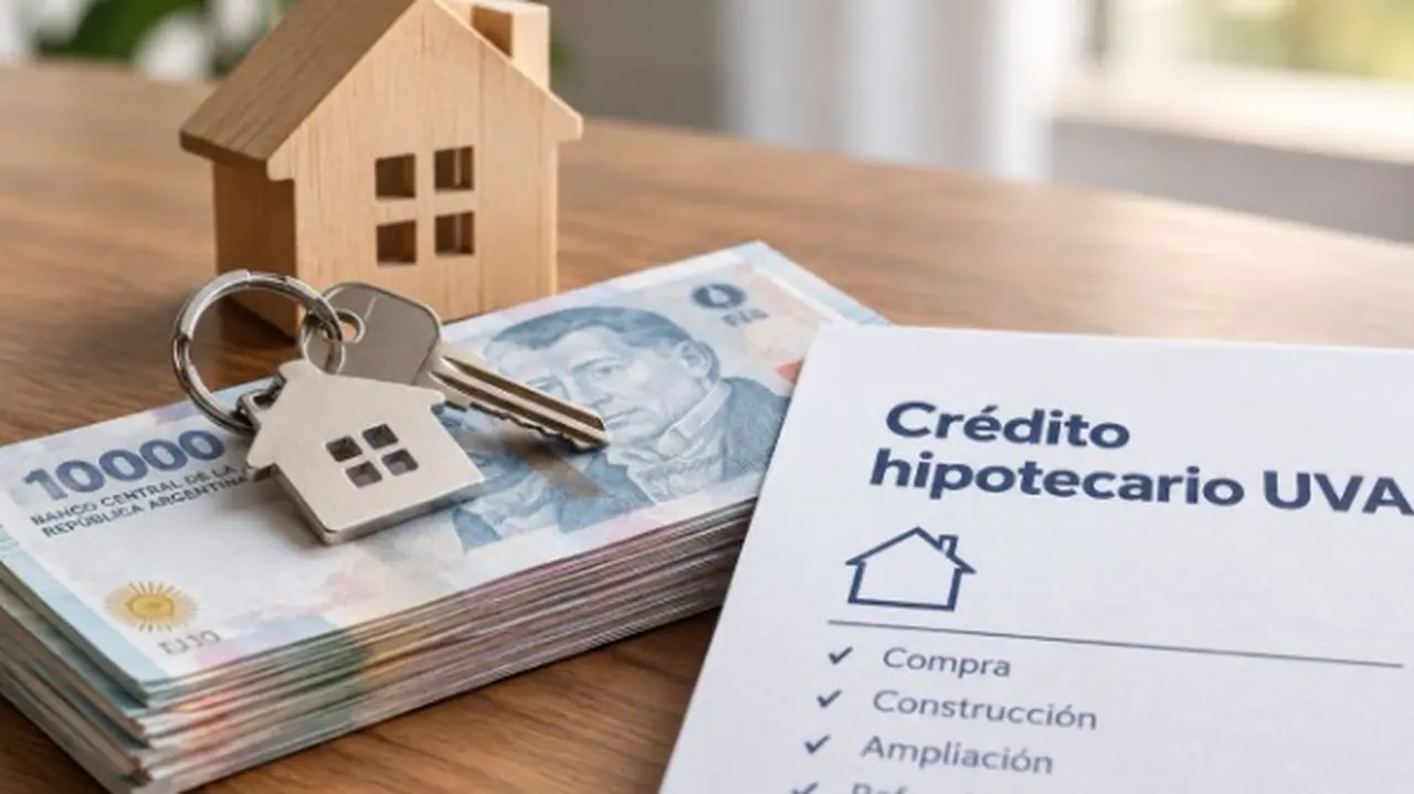 Maqueta de una casa, billetas con la llave y un documento de Crédito Hipetecario UVA sobre una mesa