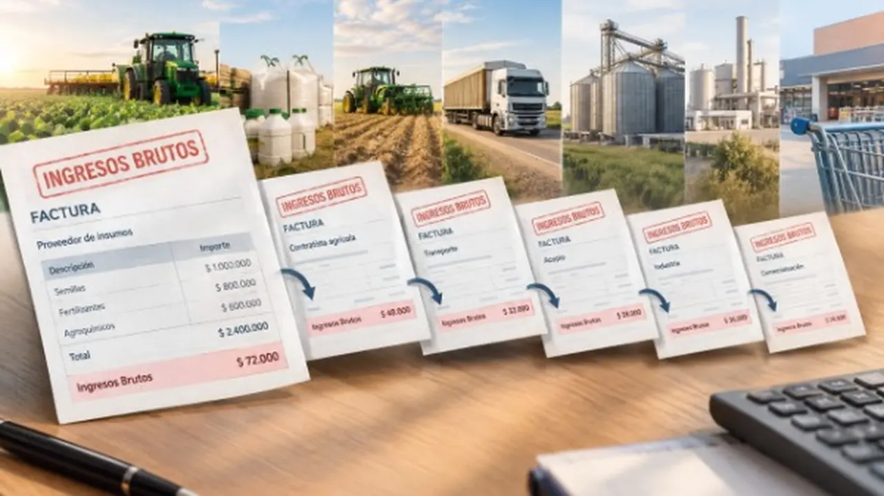 Cadena de facturas que cargan Ingresos Brutos con las etapas del agro detrás y una calculadora en una mesa