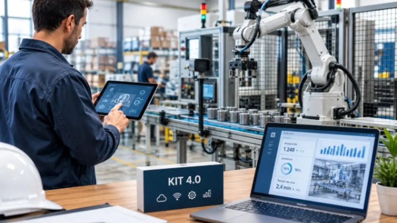 Un trabajador con una tablet en la mano, en una fábrica con un brazo robótico, una notebook y el cartel Kit 4.0