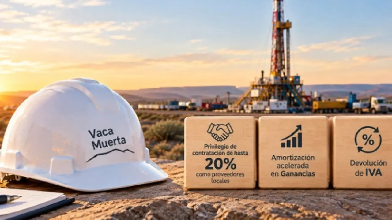 Un casco con la leyenda Vaca Muerta, un pozo petrolero y tres cubos con los beneficios de RIMI y RIGI para pymes