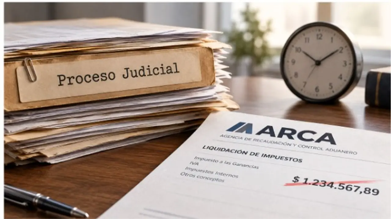 Expediente juidical amarillento, formulario de ARCA con determinación tachada y reloj en segundo plano