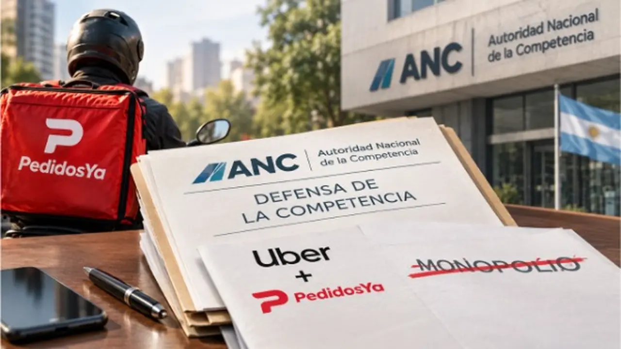 persona en una bicicleta con mochila de pedidos ya y dos formulados de uber y anc sobre un escritorio en el que hay un celular. De fondo una bandera argentina