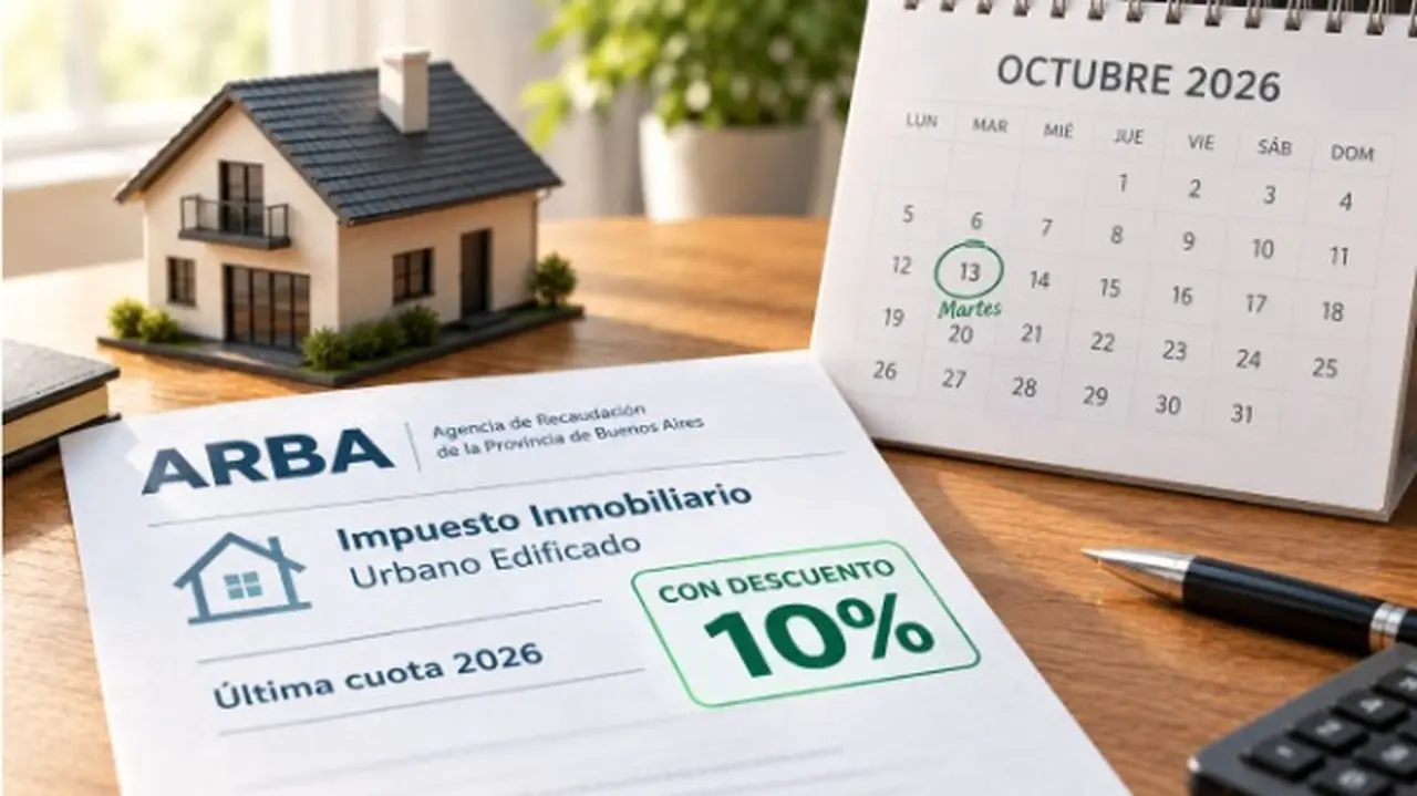 boleta con el impuesto inmobiliario de ARBA y el descuento de 10%, con el calendario y el vencimiento del martes 13 más una casa en el fondo
