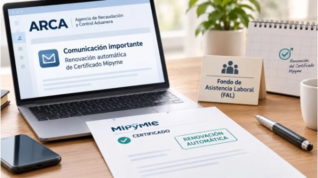 Pantalla y papel con página de ARCA y comunicación sobre la renovación automática del certificado mipyme, cartel del FAL y calendario