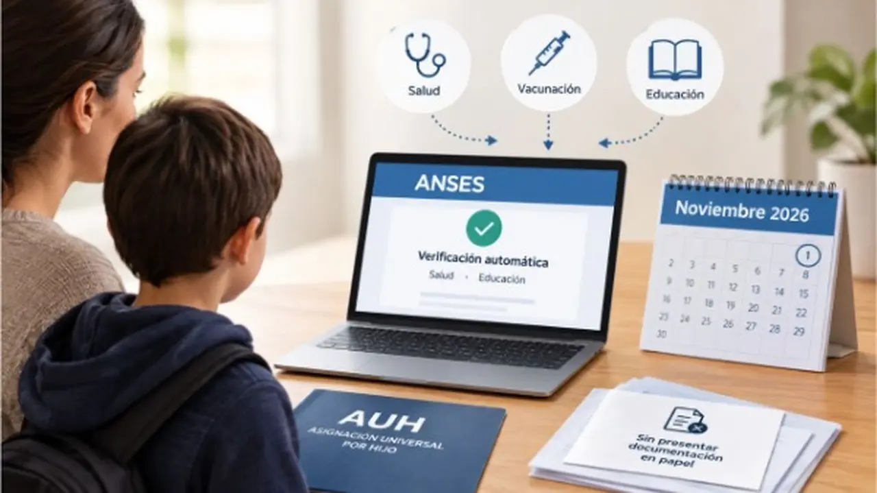 Una madre y un niño frente a una pantalla de ANSES y una carpeta de AUH, con el calendario de noviembre y la verificación automática