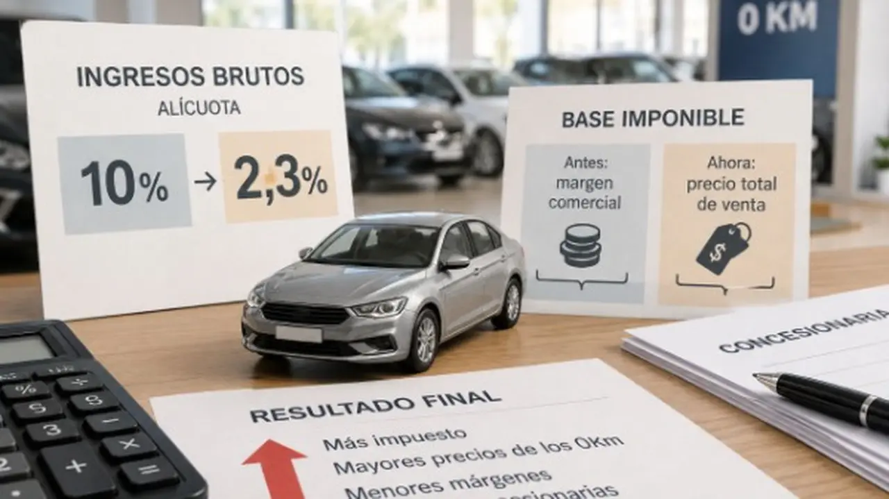 Auto rodeado de datos sobre Ingresos Brutos en CABA y su impacto en el precio de los 0Km