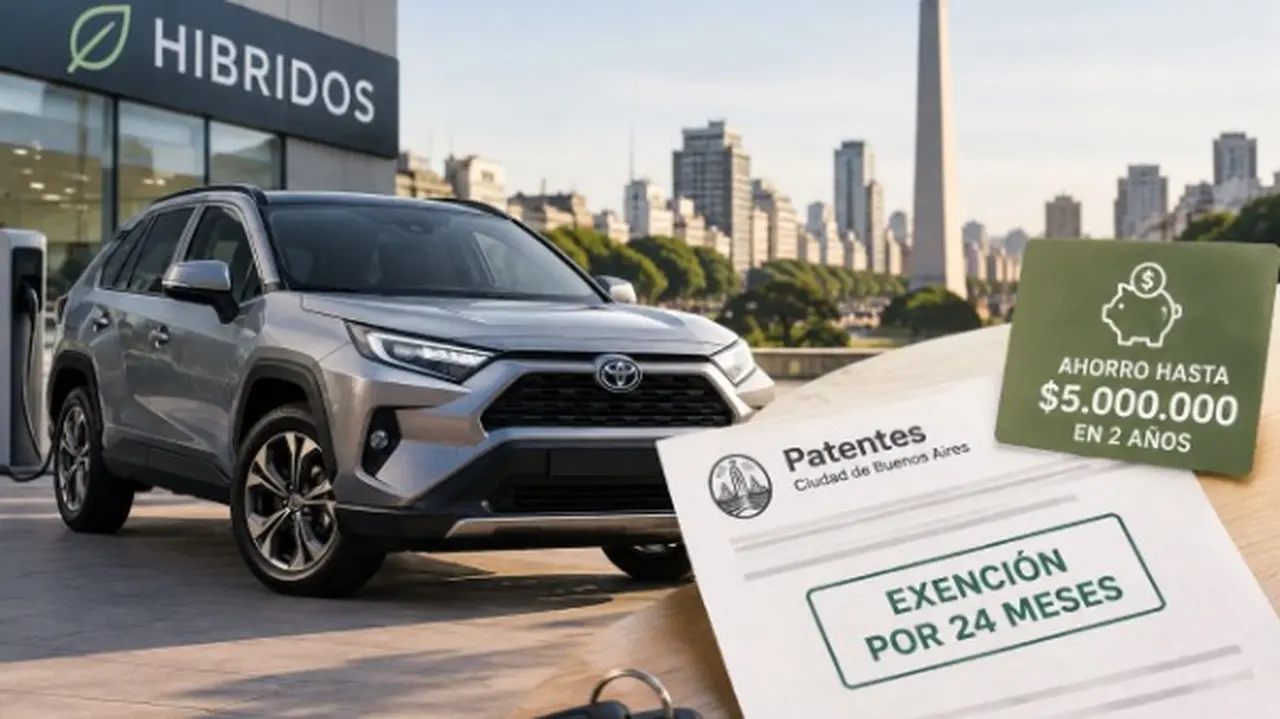 Auto delante de una concesionaria con un cartel de Híbridos, boleta de exención de potentes y la edificios de la Ciudad de Buenos Aires con el Obelisco de fondo