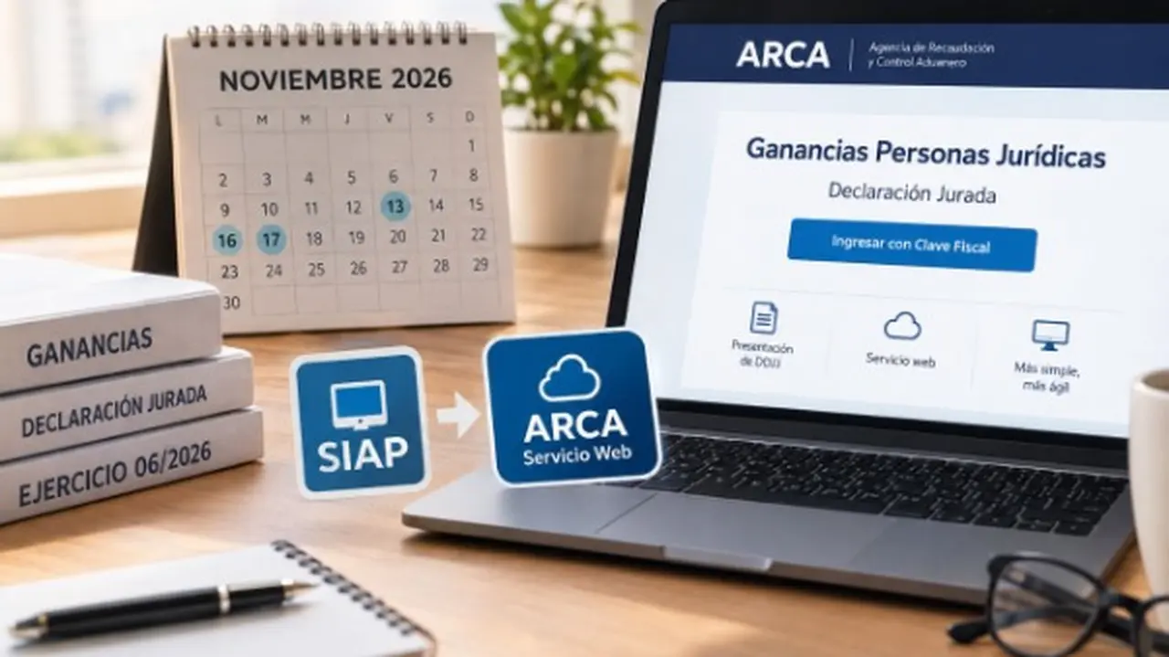 Tomos y una pantalla sobre Personas Júrídicas declaración jurada, un almanaque y logos SIAP y Serviciio web con una flecha
