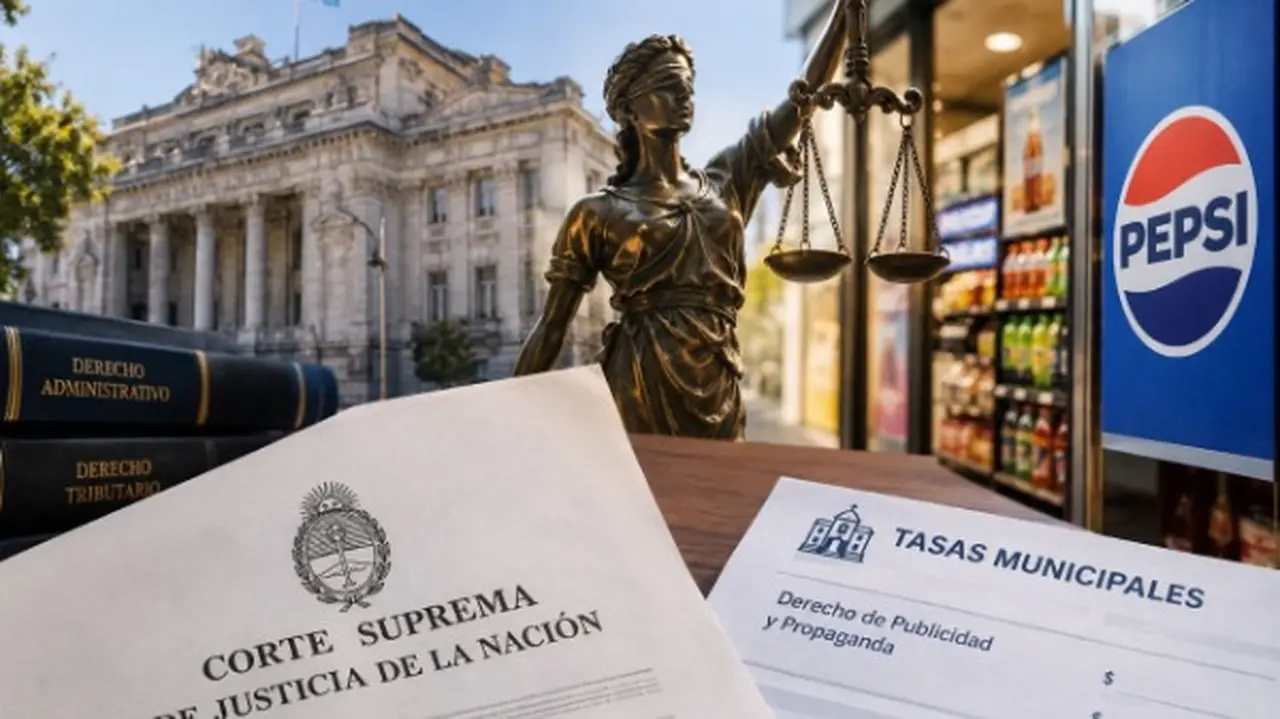 Papeles de la Corte Suprema y tasa municipal, con la estatua de la Justicia, el edificio de Tribunales y una publiicidad de Pepsi