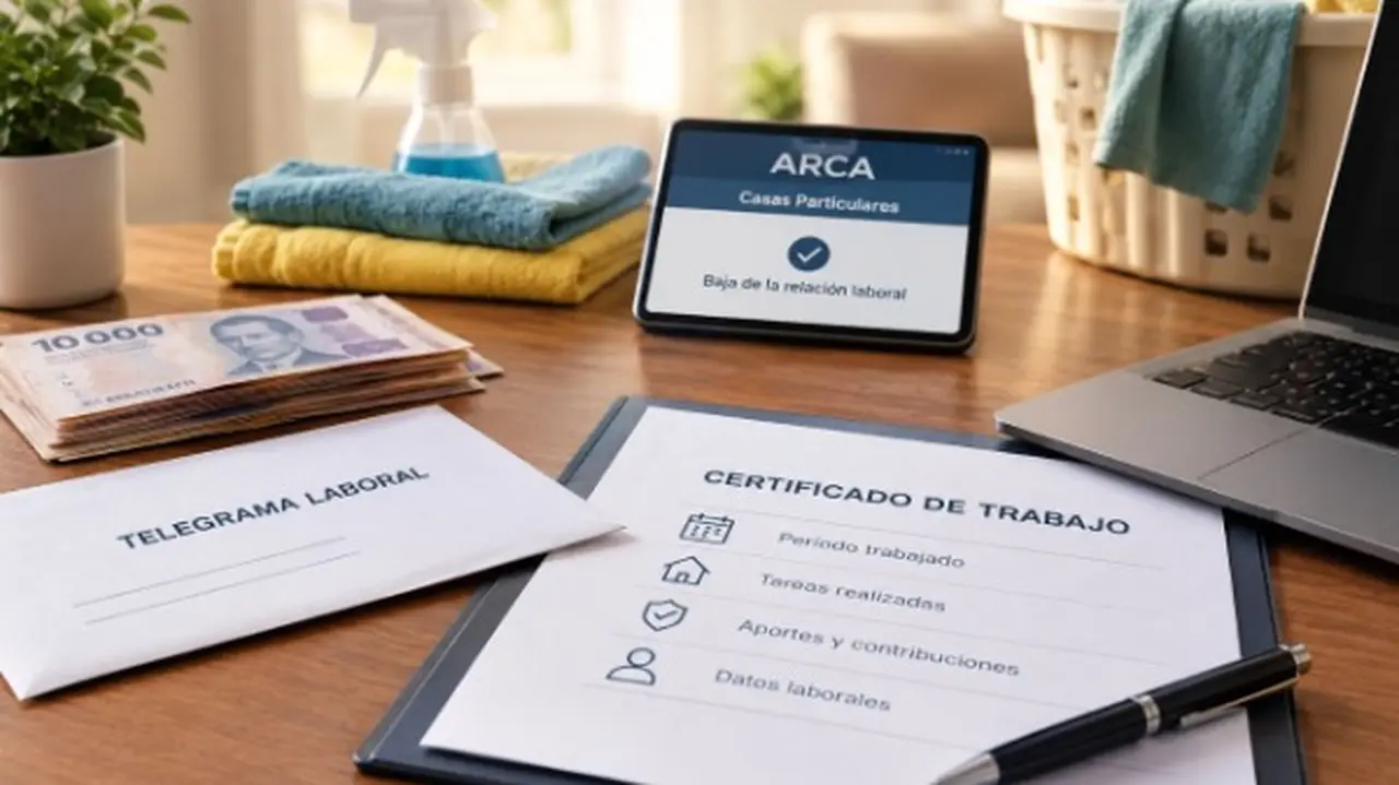 Telegrama, certificado de trabajo, cartel de ARCA - casas particulares y  elementos de trabajo doméstico sobre una mesa con una computadora