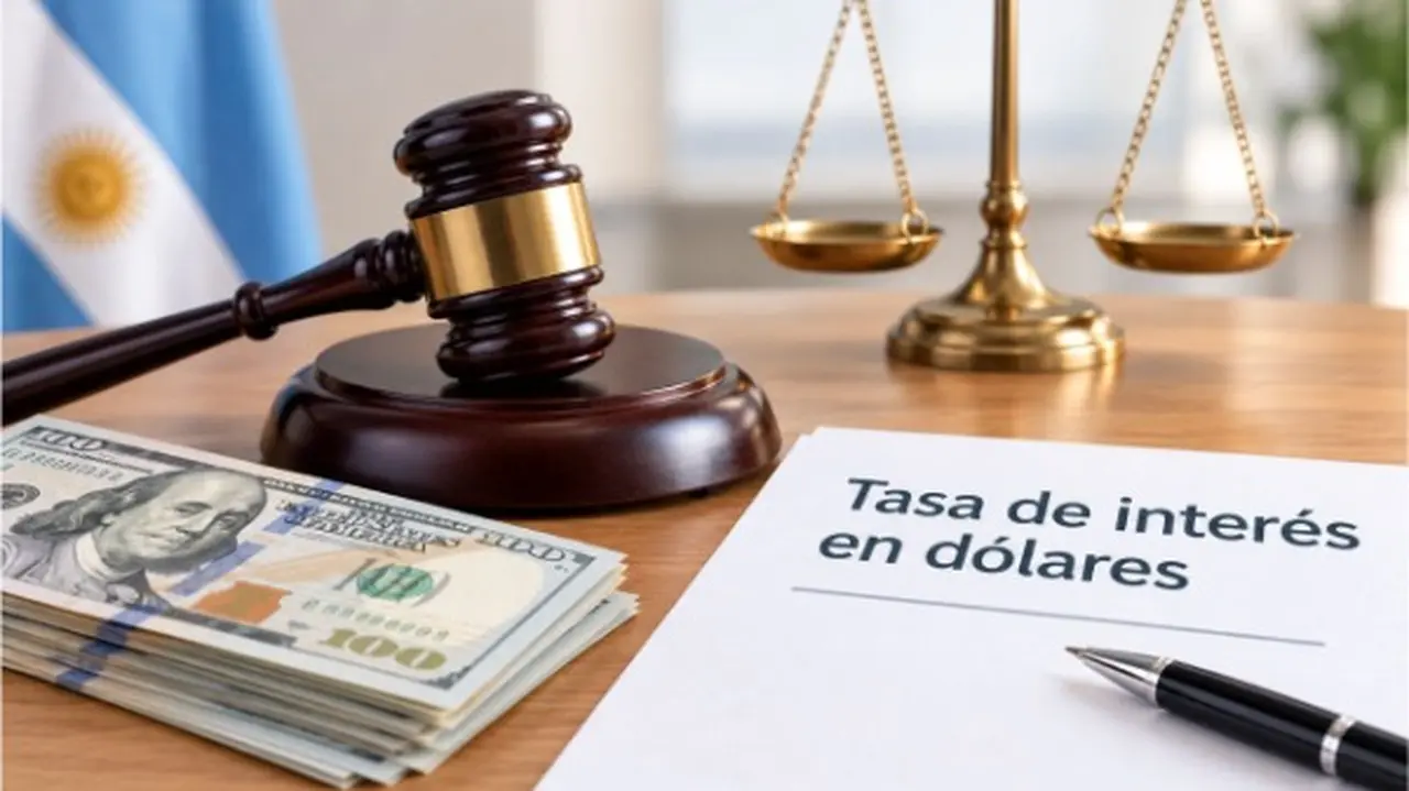 dólares billetes, expediente con tasa de interés en dólares y una lapicera, y de fondo un martillo judicial