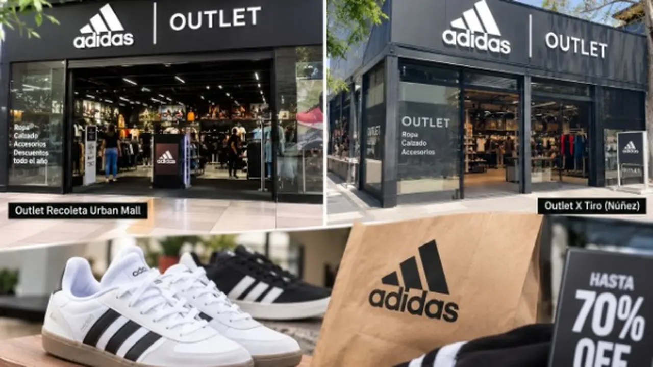 Una imagen del outlet urban Mal de Adidas, otra del outlet en Nuñez y debao un par de zapatillas de la marca