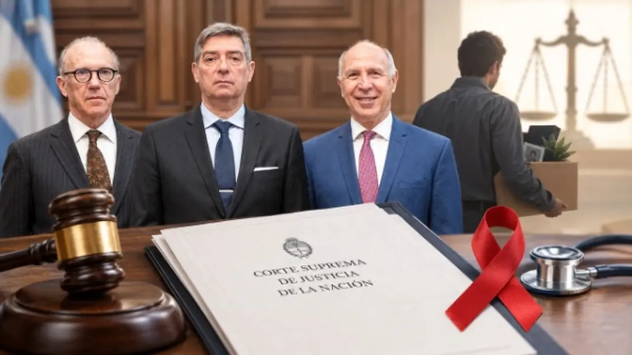 Foto oficial de ministros de la Corte al fondo a la izqierda, rodeados por un martillo judicial, un expediente, el símbolo de VIH y un trabajador despedido