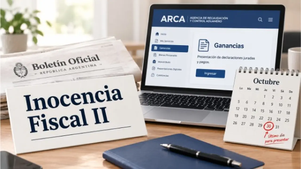 Boletín Oficial con Inocencia Fiscal II, pantalla de una computadora abierta en la web de ARCA con Ganancias, calendario, cuaderno azul y una lapicera sobre una mesa