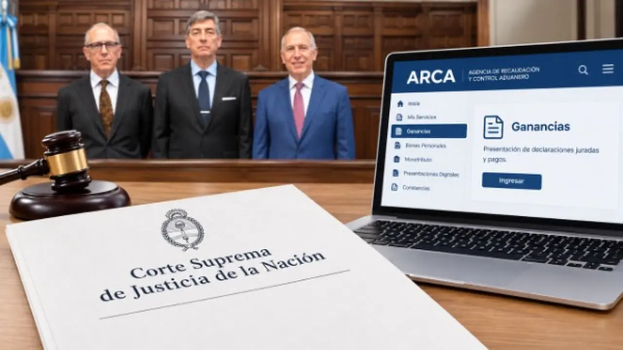 Foto de ministros de la Corte, expediente de la Corte y pantalla de ARCA con Ganancias en una computadora