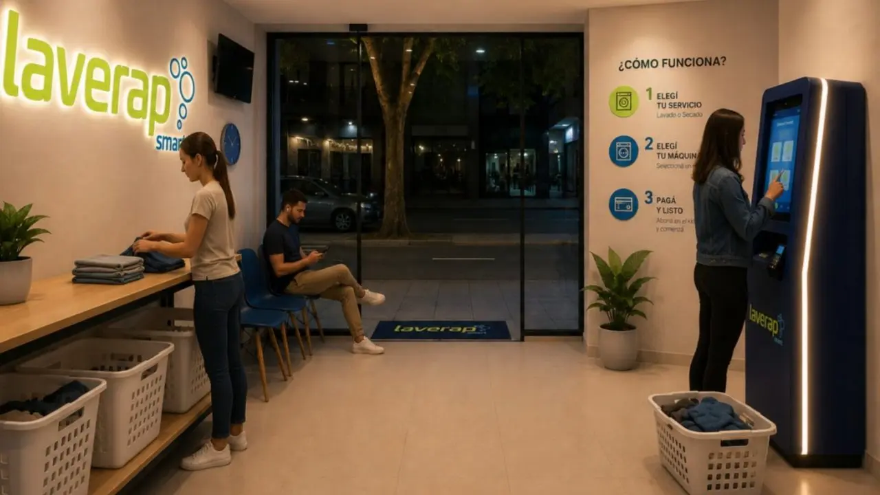 Render del interior de un Laverap Smart de noche, con tres personas doblando ropa, usando su teléfono y utilizando el tótem de pago