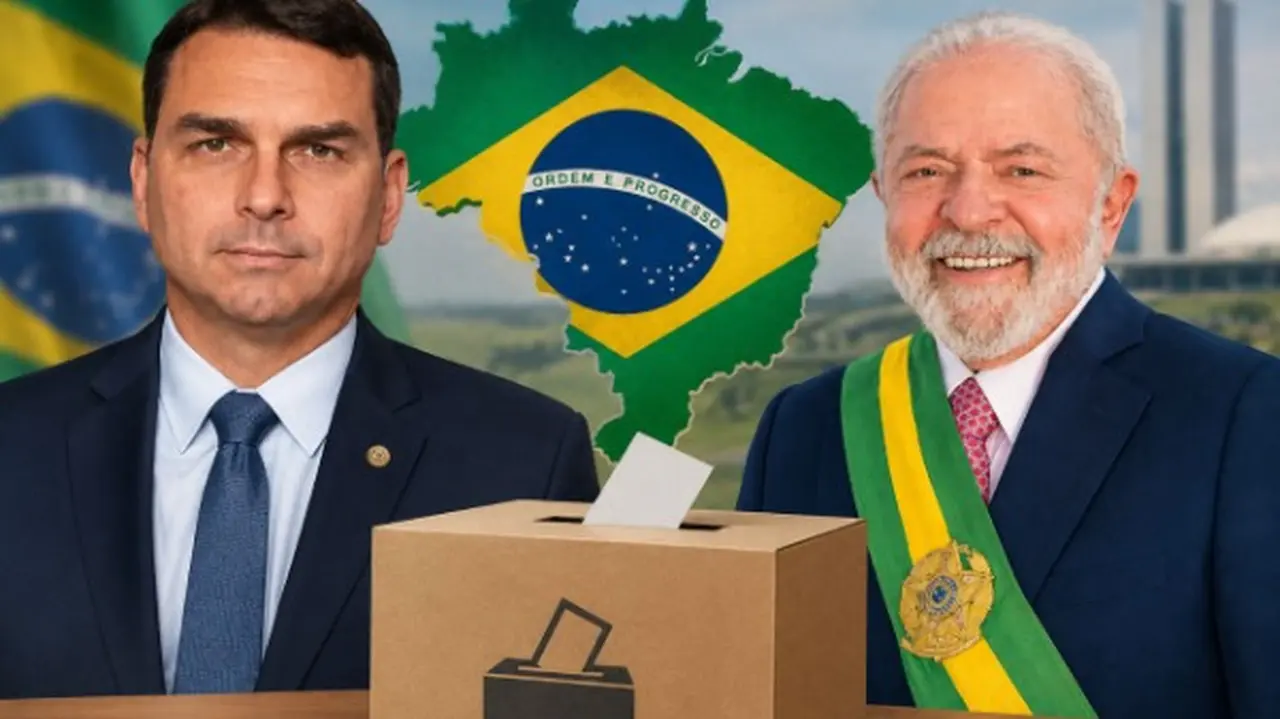 Fotos de Flavio Bolsonario y Lula Da Silva con el mapa y la bandera de Brasil y una urna electoral