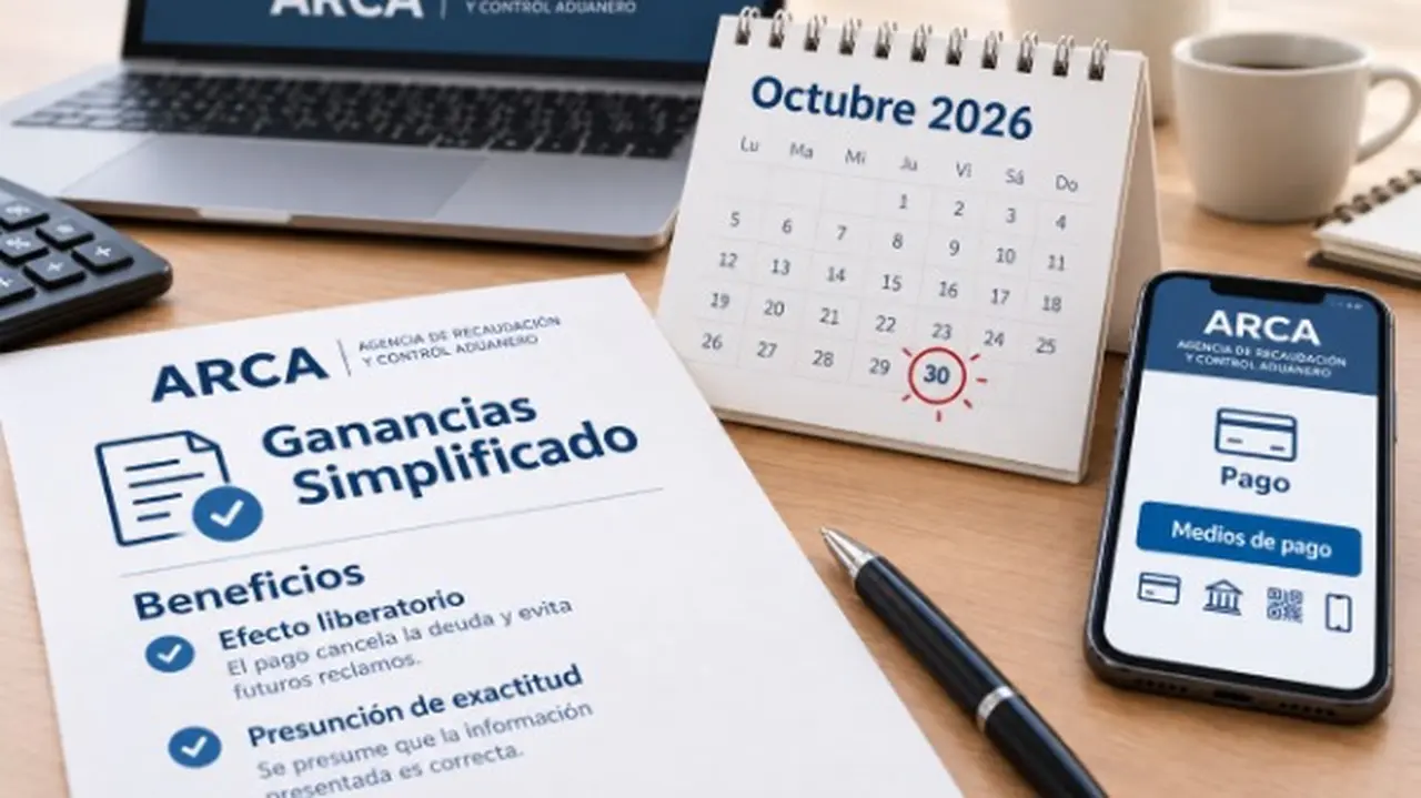 ARCA Ganancias Simplificado y un expediente con los beneficios, un calendario y un celular con ARCA pago