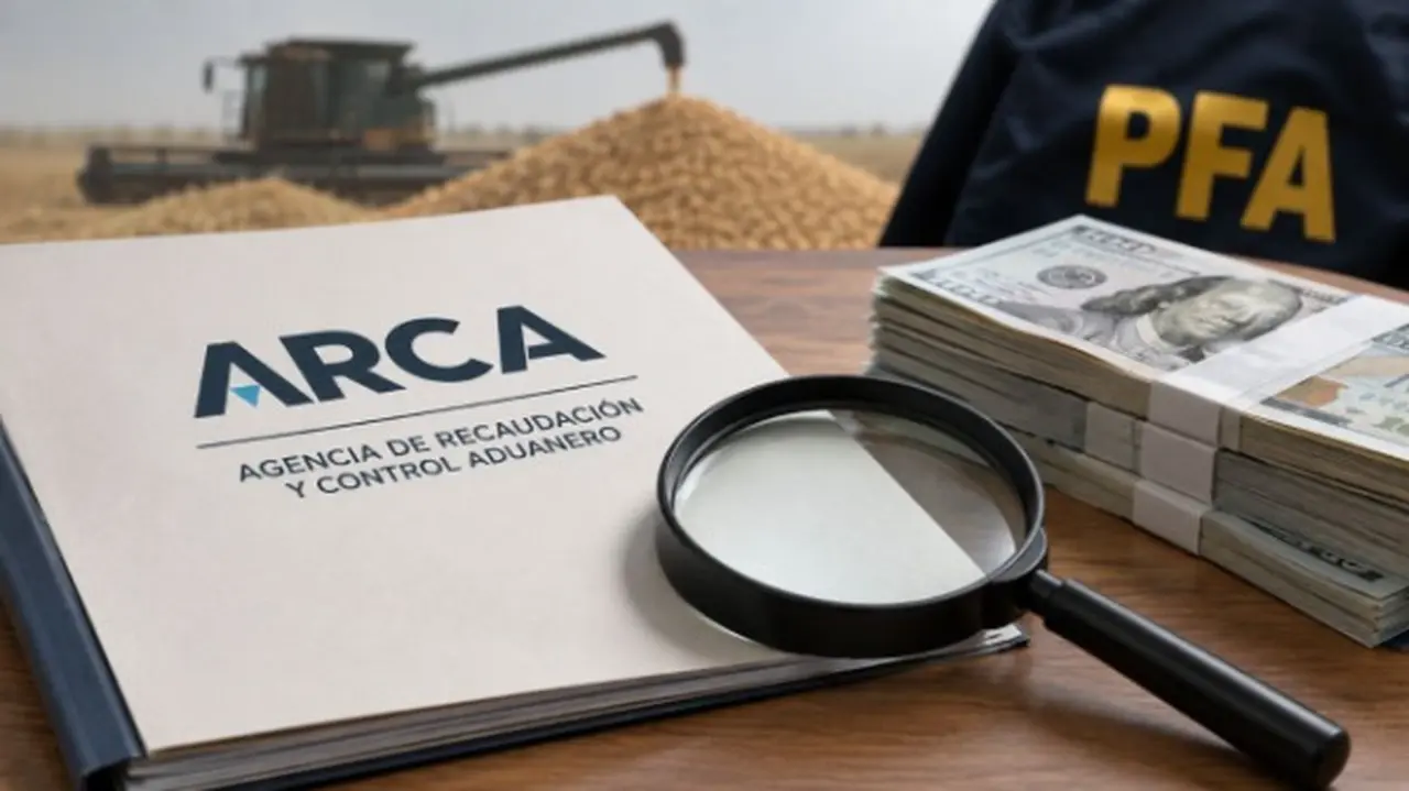 Un expediente de ARCA, una lupa y billetes sobre una mesa, con una máquina agrícola y un logro de la PFA en el fondo