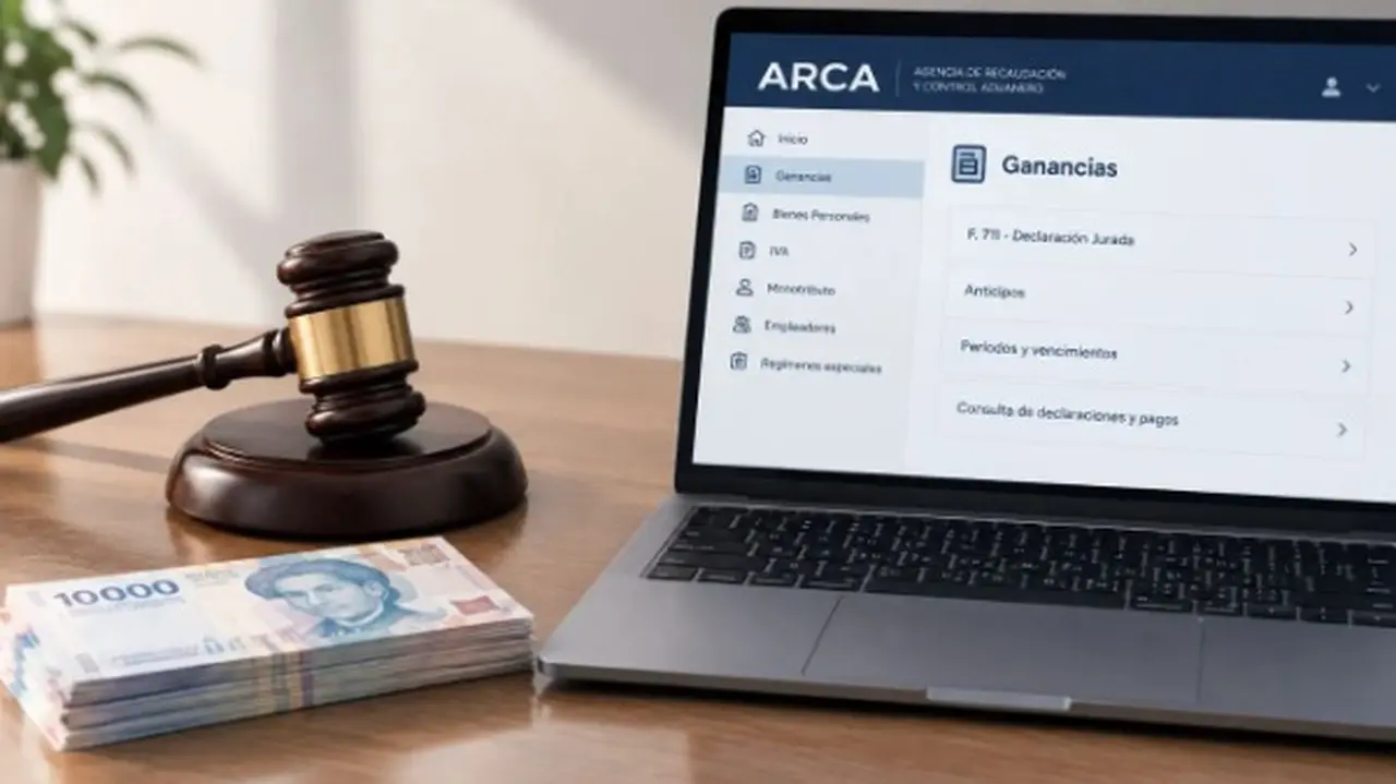 Billetes, un martillo judicial y una pantalla de ARCA abierta en Ganancias sobre una mesa