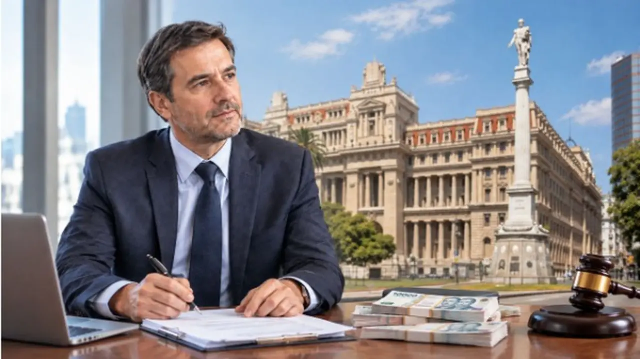 Ejecutivo escribiendo en una mesa con billetes y el martillo judicial, y el edificio de Tribunales de fondo