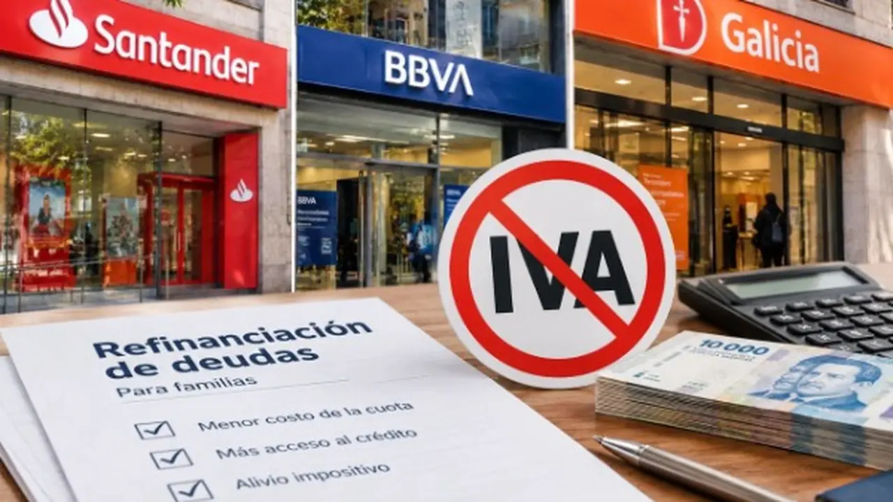 HOJA QUE DICE REFINANCIACION DE DEUDA, CARTEL DE PROHIBIDO IVA, CALCULADORA, BILLETES Y FRENTE DE LOS LOCALES DE BANCO SANTANDER, BANCO BBVA Y BANCO GALICIA
