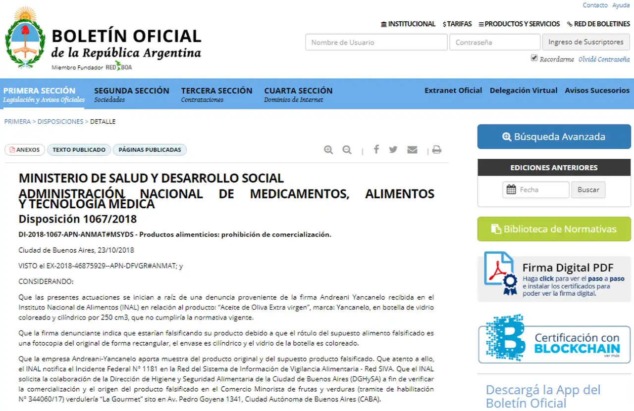 ANMAT prohibió la venta de un aceite de oliva y un lote robado de un medicamento