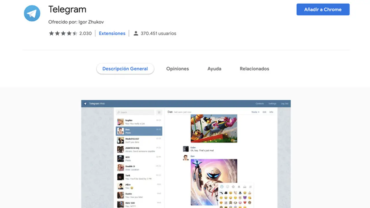 Telegram Web tiene muchas menos opciones que la versión para el móvil.