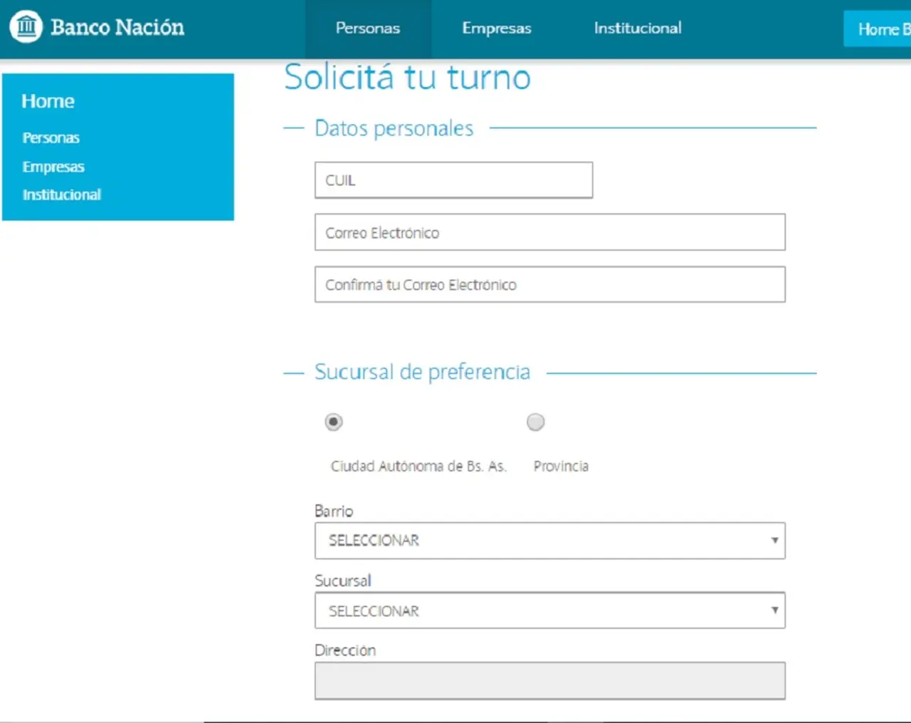En esta página del Banco Nación se comienza el breve trámite para pedir turno online de atención en sucursal