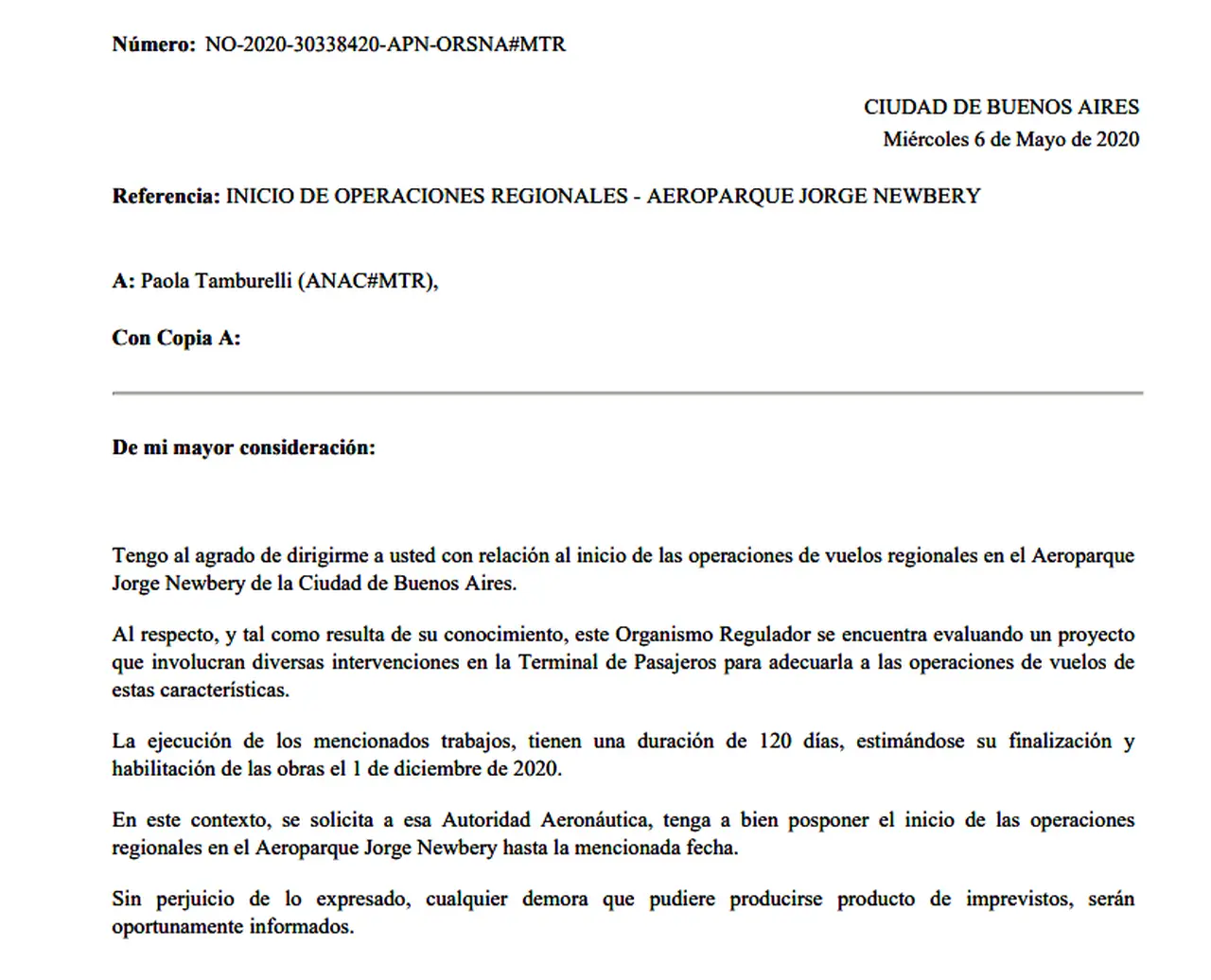 El documento mediante el cual se elevó la solicitud